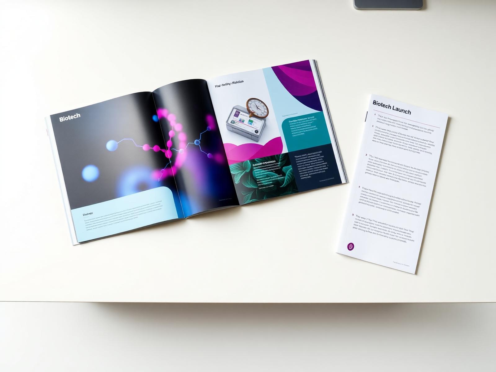 Biotech launch booklet open to a vibrant molecular spread beside a matching brochure