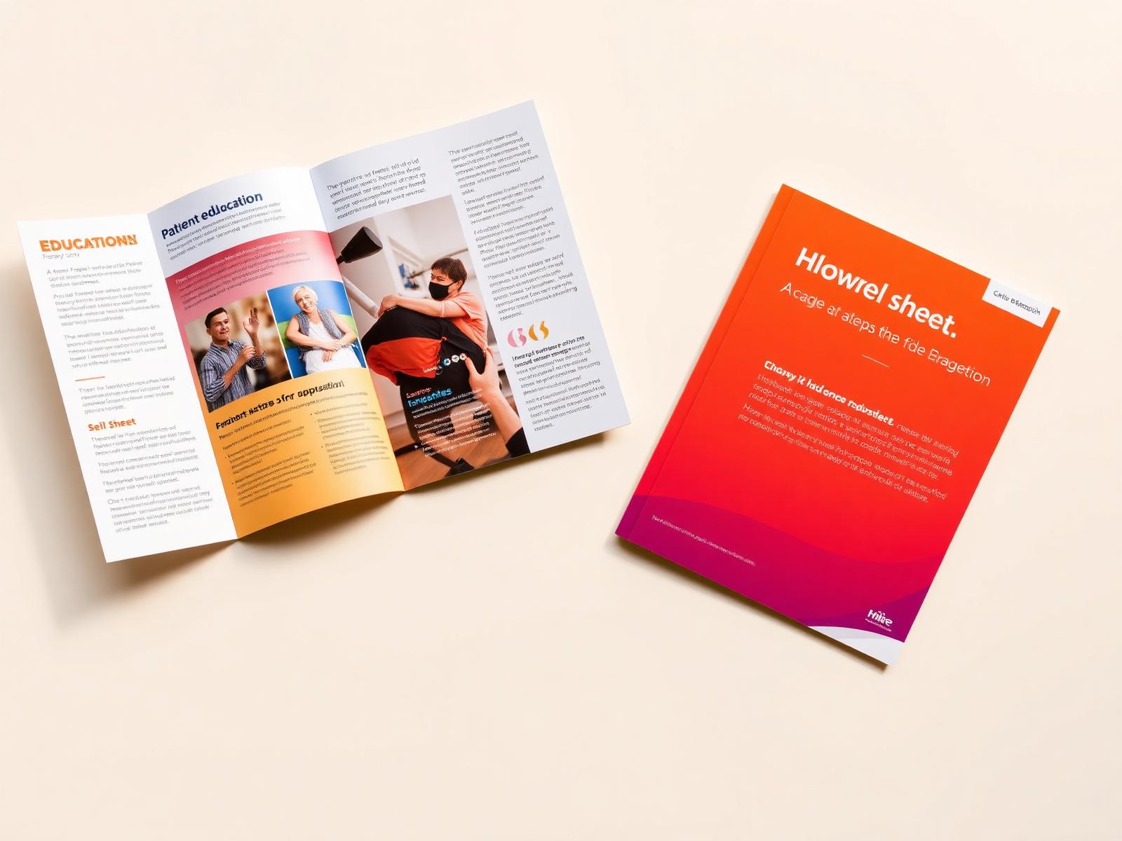 Open patient-education tri-fold brochure beside a vibrant single-page healthcare sell-sheet