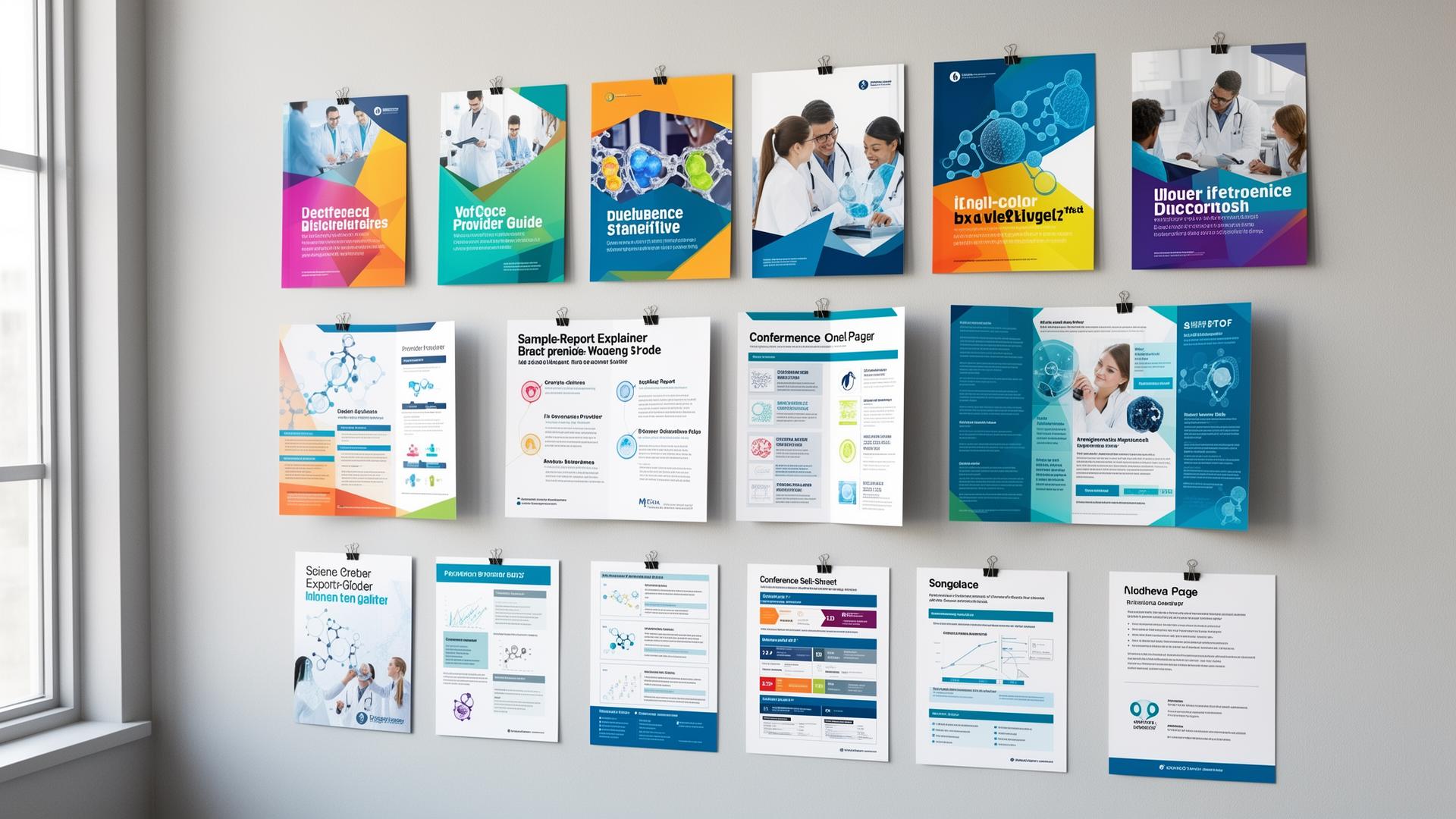 A design-studio wall of vibrant printed life-science marketing pieces — provider guides, sample-report brochures, conference one-pagers