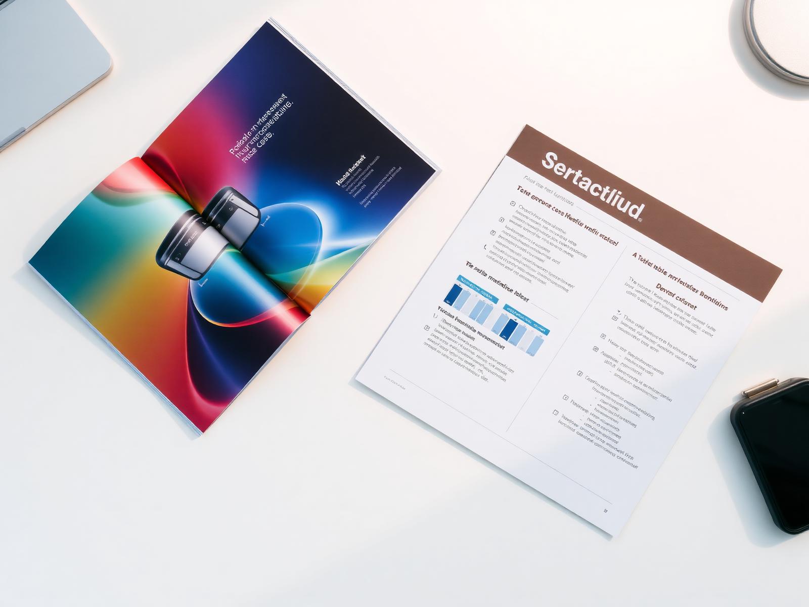 Vibrant medical-device product brochure open beside a glossy spec sheet